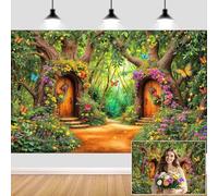 10X8ft Enchanted Forest Backdrop Fairy Tale Green Garden Wonderland Tree House Floral Butterfly Background for Kids Girl Baby Shower Birthday Party Decoration Banner Cake Table Photo Booth Props