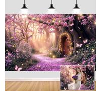 10X8ft Enchanted Forest Backdrop Fairy Tale Purple Garden Wonderland Tree House Floral Background for Kids Girl Baby Shower Birthday Party Decoration Banner Cake Table Photo Booth Props