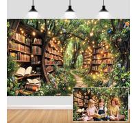 10X8ft Enchanted Forest Fairy Library Backdrop Fairy Tale Magic Bookshelf Green Garden Book Tree Floral Butterfly Photography Background Birthday Party Decorations Baby Shower Banner Photo Booth Props