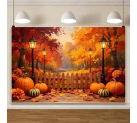 10x8FT Fall Forest Pumpkin Backdrop Autumn Thanksgiving Pumpkin Street Lamp Maple Trees Wooden Floor Photography Background Kids Birthday Baby Shower Party Decoration Photo Booth Props