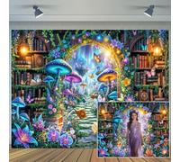 10X8ft Fantasy Library Garden Backdrop Enchanted Archway Glowing Mushrooms Flowers and Floating Books Magical Fairy Forest Photography Background for Birthday Party Photo Booth Studio Decor