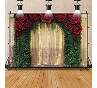 10x8ft Gold Sequin Wall Photography Background Red Rose Green Tree Vine Decoration Backdrop for Wedding Birthday Anniversary Engagement Baby Shower Event Decor Banner