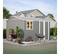 (10X8FT, Grey) BIRCHTREE Outdoor Garden Shed Steel Apex Roof Tool With Doors Window Foundation