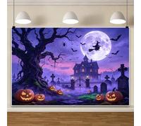 10x8FT Halloween Backdrop Flying Witch Haunted House Cemetery Full Moon Photography Background for Kids Adults Family Spooky Party Decorations Birthday Banner Cake Table Photo Studio Props