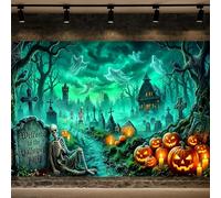 10X8ft Halloween Backdrop, Horroble Spooky Graveyard Cemetery with Skeleton Ghosts Pumpkin Haunted House Background, Welcome to Halloween Party Decoration Banner Backdrop Photo Booth Supplies