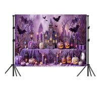 10X8ft Halloween Backdrop Purple Gothic Castle Photography Background Spooky Pumpkin Bat Haunted House Party Banner Dark Fantasy Candle Photo Booth Wall Decor for Indoor Studio Props
