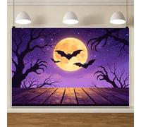 10x8FT Halloween Backdrop Purple Starry Full Moon Rustic Wooden Floor Photography Background for Kids Adults Family Spooky Party Decorations Birthday Banner Cake Table Photo Studio Props