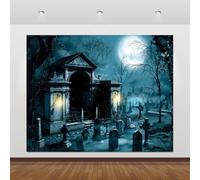10x8ft Halloween Backdrop Scary Castle Full Moon Graveyard Blue Forest Photography Background for Spooky Party Photo Booth Studio Decorations