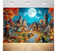 10x8ft Halloween Backdrop Spooky Haunted Village Pumpkin Scarecrow Ghost Full Moon Photography Background, Fall Party Decor Photo Booth Props, Kids Birthday Studio Wall Decor Banner