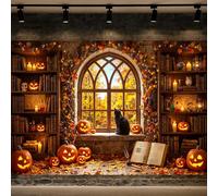 10X8ft Halloween Backdrop, Vintage Library Black Cat Pumpkin Photography Background, Spooky Witchy Gothic Fall Window Scene Backdrop Banner for Halloween Party Decorations Photo Booth Studio Props