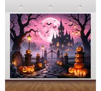 10x8ft Halloween Haunted Castle Backdrop Gothic Mansion Pink Full Moon Skeleton Fog Cemetery Photography Background Halloween Party Photo Booth Banner Family Group Photoshoot Decor Prop