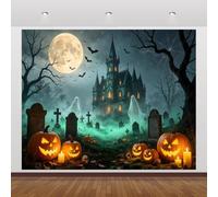 10x8ft Halloween Haunted Castle Backdrop Green Fog Graveyard Pumpkin Full Moon Spooky Tree Photo Background for Halloween Party Portrait Decor