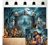 10x8ft, Halloween Haunted Graveyard Backdrop, Scary Iron Gate Castle Ghost Pumpkin Lantern Background, Spooky Cemetery Halloween Party Decorations Banner Photo Booth Studio Supplies
