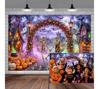 10x8ft Halloween Photo Backdrop - Spooky Skeleton Ghost Pumpkin Arch Photography Backdrop - Haunted House Bat Witch Cauldron Party Kids Birthday Photo Booth Studio Background Banner