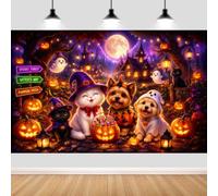 10X8ft Halloween Photography Backdrop Full Moon Night Cute Wizard Dog Cat Ghost Spooky Background Banner for Toddler Birthday Trick or Treat Baby Shower Photo Booth Party Decor