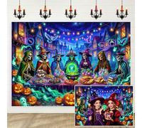 10X8ft Halloween Skeleton Witch Feast Backdrop, Spooky Magic Town Photography Background, Jack-O-Lantern Cauldron Photo Booth Prop for Adult Party, Studio