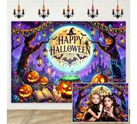 10X8ft Happy Halloween Backdrop, Spooky Witch Moon Photography Background, Jack-O-Lantern Cauldron Black Cat Photo Booth Prop for Kids Party, Studio