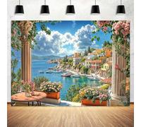 10x8ft Italian Backdrop Europe Ancient Old City Mediterranean Bay Costal City Scenery Floral Flowers Background for Birthday Wedding Photography Greece Party Decorations Photo Props
