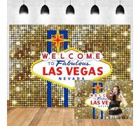 10x8ft Las Vegas Backdrop Shinny Golden Sequin Welcome to Las Vegas City Billboard Photography Background Fabulous Casino Poker Birthday Luxury Prom Party Decoration Adult Portraits Photo Props