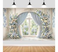10X8fT Light Blue Floral Wedding Backdrop Luxury Palace Window Elegant Rose Arch Photography Background Blue Flower Birthday Baby Shower Bridal Party Portrait Photo Booth Props