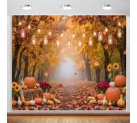 10x8ft Misty Forest Path Fall Candle String Lights Hay Bale Backdrop