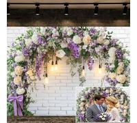 10X8ft Purple Flower Wedding Backdrop Anniversary Lavender Floral Arch Bridal Mother's Day Girl Party Decorations White Brick Wall Photography Backdrop Banner Photographic Studio Photo Background