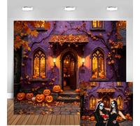 10x8ft Purple Witch House Fall Maple Leaf Halloween Backdrop