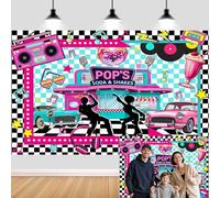 10X8ft Retro 80s 90s Pop Diner Backdrop, 50s Sock Hop Party Decoration Backdrop, Disco & Classic Car Photo Booth Prop, Neon Pink Checkered Photography Background for Birthday Themed Events