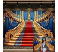10X8FT Retro Luxurious Golden Palace Backdrop Vintage Blue Gold Luxury Hall Interior Staircase Photography Background Birthday Wedding Decorations Banner Studio Photo Propss