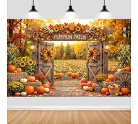 10X8FT Rustic Fall Pumpkin Patch Backdrop Autumn Harvest Farm Barn Door Sunflower Photography Background for Thanksgiving Photoshoot Party Decorations