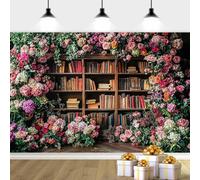 10X8ft Vintage Bookshelf Backdrop Bookshelf Flower Background, Retro Study Photography Background Ancient Library Backdrop Decor Kid Adult Birthday Party Decorations Photo Booth Props, Color-2