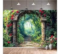 10X8ft Vintage Forest Backdrop Retro Spring Green Forest Red Rose Photography Background Natural Theme Decoration Kids Birthday Baby Shower Wedding Party Photo Studio Props Banner Decor