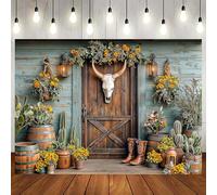 10x8ft Western Cowboy Backdrop for Photography Rustic Wooden House Barn Door Vintage Western Photoshoot Wild West Saloon Cow Skull Party Decorations Banner Background Cowboy Family Photo Props