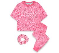 Barbie Girls Pyjama Set | Childrens Wavy All Over Print Pink Short Sleeve Long Leg Graphic PJs Bundle with Scrunchie | Doll Toy Apparel Complete Matching Nightwear Set | Merchandise Gift for Kids