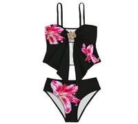 11-12 Years Girl's Two Piece Swimsuit Cute Floral Tankini Sets 3D Flower Adjustable Straps Camisole Top Bikini Set High Waisted Hipster Swimsuit Bathing Suit Black