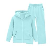 11-12 Years Girls Zip Up Sweatshirt and Loose Sweatpants Tracksuit Solid 2 Piece Full Set Zipper Hoodie Trackpants Bottom Jogging Pants Clothing Set Back to School Activewear #02_Wide Leg_Light Blue