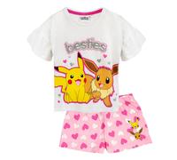 (11-12 Years, White/Pink/Yellow) Pokemon Girls Besties Pikachu & Eevee Frill Short Pyjama Set