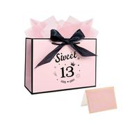 11" 13th Birthday Gift Bag for Girls 13 Year Old Birthday Gift Wrapping Bag with Tissue Paper and Card(Pink and Black)