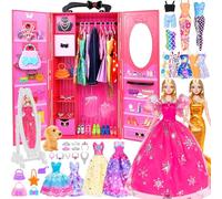 11.5 inch Girl Doll with Dolls Closet Wardrobe Clothes and Accessories Mirror, Outfits, Princess Gowns, Dress, Shoes, Hangers, Handbags, Necklace, Crown and Dog for 3+ Years Girls (Include Doll)