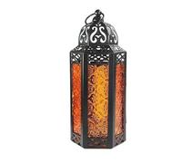 11.5"Moroccan Style Candle Lantern, Black Metal Frame, Orange Colored Glass Panels Great for Patio, Indoors/Outdoors, Events, Parties and Weddings (Orange)