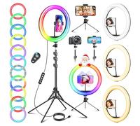 11.5'' Ring Light with Tripod & Quadpod Stands, 40 RGB Modes & 13 Brightness, 69.5" Tall Extendable Phone Holder with Remote for YouTube TikTok, Professional LED Selfie Circle Ringlight for Makeup
