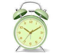 11.5cm Battery Operated Alarm Clock with Light, Metal Analog Twin Bell Loud Alarm Clock for Heavy Sleepers Adults, Silent No Ticking Old School Retro Desk Bedside Clocks for Kids Seniors, Green