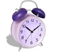 11.5cm Loud Alarm Clock for Heavy Sleepers, Metal Battery Operated Alarm Clocks with Light Bells, Silent Desk Clock for Bedrooms, Retro Bedside Clocks for Kids Girl Women Mother Seniors, Purple