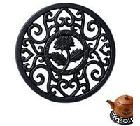 11.5cm Retro Pattern Cast Iron Trivet,Wear-Resistant Round Teapot Stand,With Non-Slip Feet Cast Iron Teapot Cushion, for Kitchen Worktops, Hot Pans and Table Heat Protection (Black)
