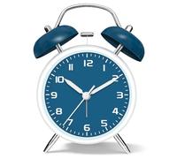 11.5cm Simple Alarm Clock for Kids Seniors, Metal Analog Loud Alarm Clock with Backlight Dual Bell Battery Operated, Silent Bedside Wake Up Clocks for Heavy Sleepers Adults Bedroom, White Blue