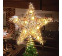 11.8-Inch Light-up Christmas Tree Topper Star, 20 Warm White LED lights with Sparkling Yarn, Xmas Tree Top Decoration. (Golden)