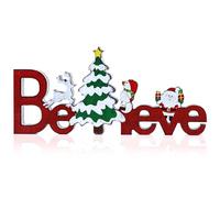11.81" x 5.31" Merry Christmas Wooden Believe Sign with Santa Claus Snowman Elk Rustic Farmhouse Freestanding Cutout Block Tabletop Figurine for Xmas Holiday Party Home Kitchen Mantel Decoration