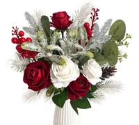 11 Artificial Christmas Flowers Silk,Red white Rose & pine-cone branches | Roses Faux flowers Xmas Arrangement with eucalyptus,frosted pine and mistletoe for Christmas bouquet tables Winter Vase decor