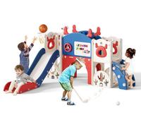 11 in 1 Elk theme Children's Slide for 1-3 Years, Baby Slide with children's golf sets, basketball stands, drawing boards, etc, Toddler Slide(11 in 1 track-blue red)