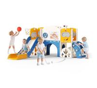 11 in 1 Kids Slide,170cm Extra-Long Slideway with Basketball Hoop, Magnetic Drawing Board & Climbing Ladder | BPA-Free HDPE Toddler Playground Equipment for Indoor/Outdoor (blue-orange)